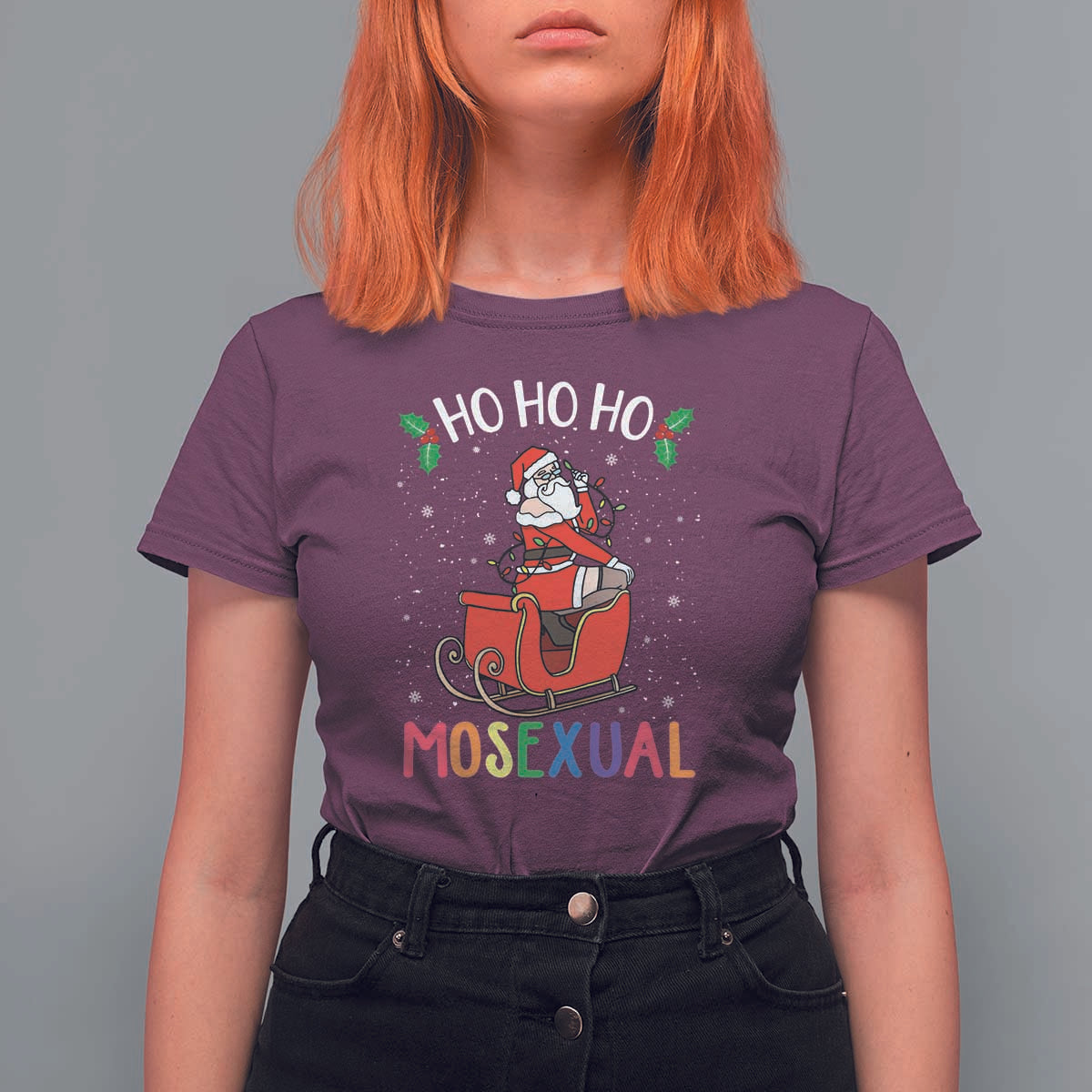 LGBTQ Christmas T Shirt For Women Ho Ho Ho Mosexual Slay Santa LGBT Rainbow Pun Gay Pride - Wonder Print Shop