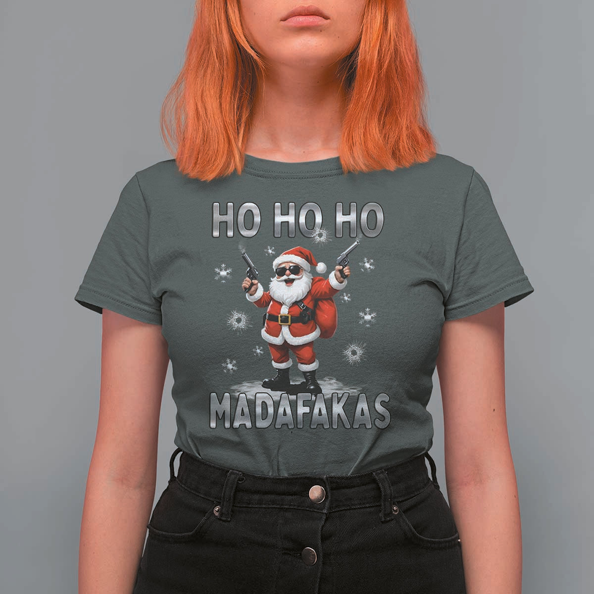 Funny Gun Christmas T Shirt For Women Ho Ho Ho Santa Pew Pew Madafakas - Wonder Print Shop