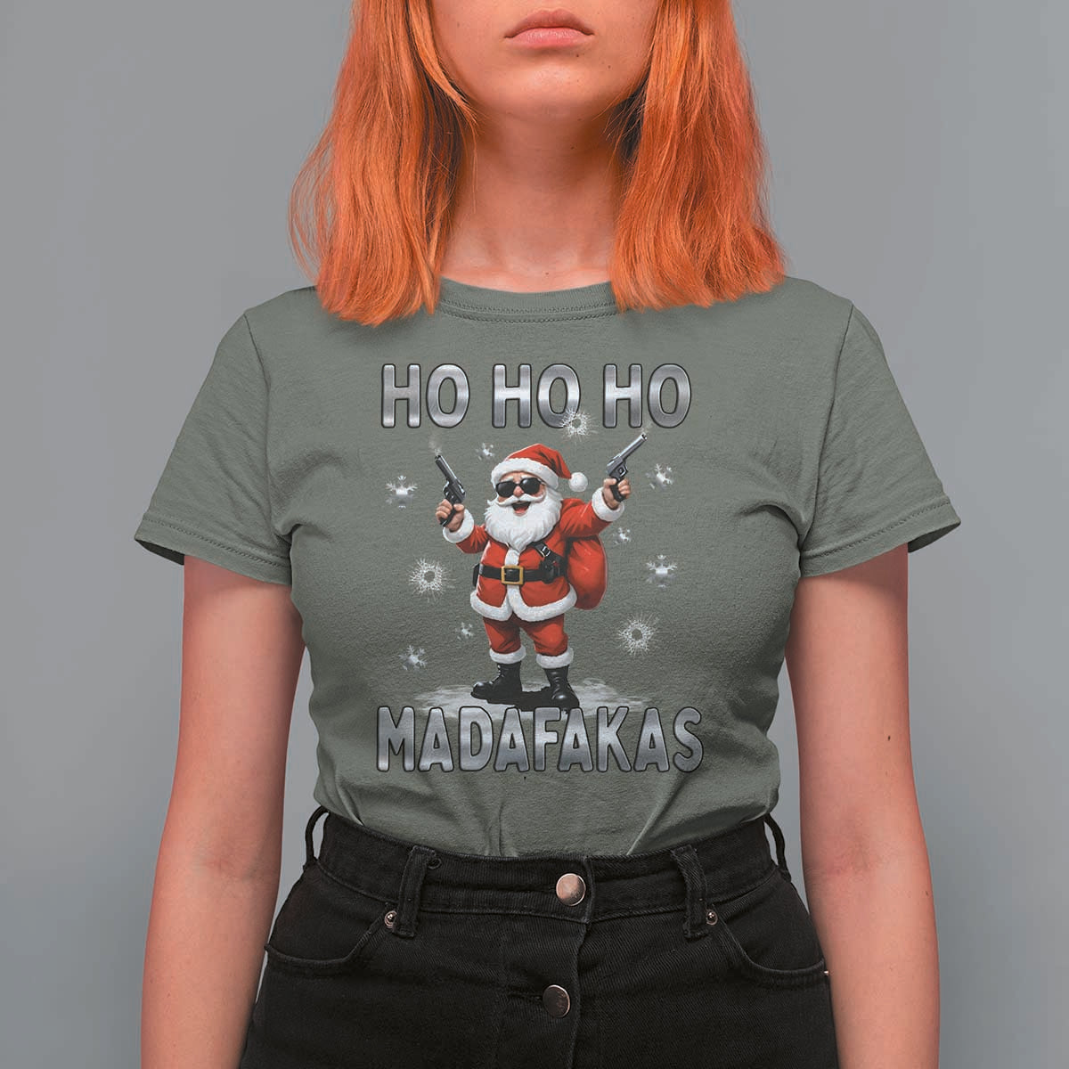 Funny Gun Christmas T Shirt For Women Ho Ho Ho Santa Pew Pew Madafakas - Wonder Print Shop