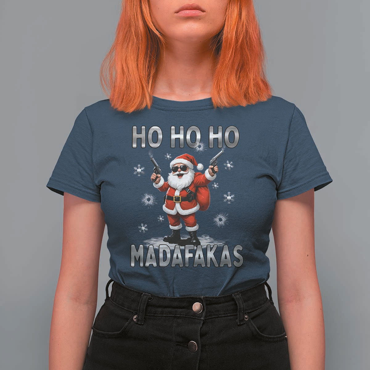 Funny Gun Christmas T Shirt For Women Ho Ho Ho Santa Pew Pew Madafakas - Wonder Print Shop