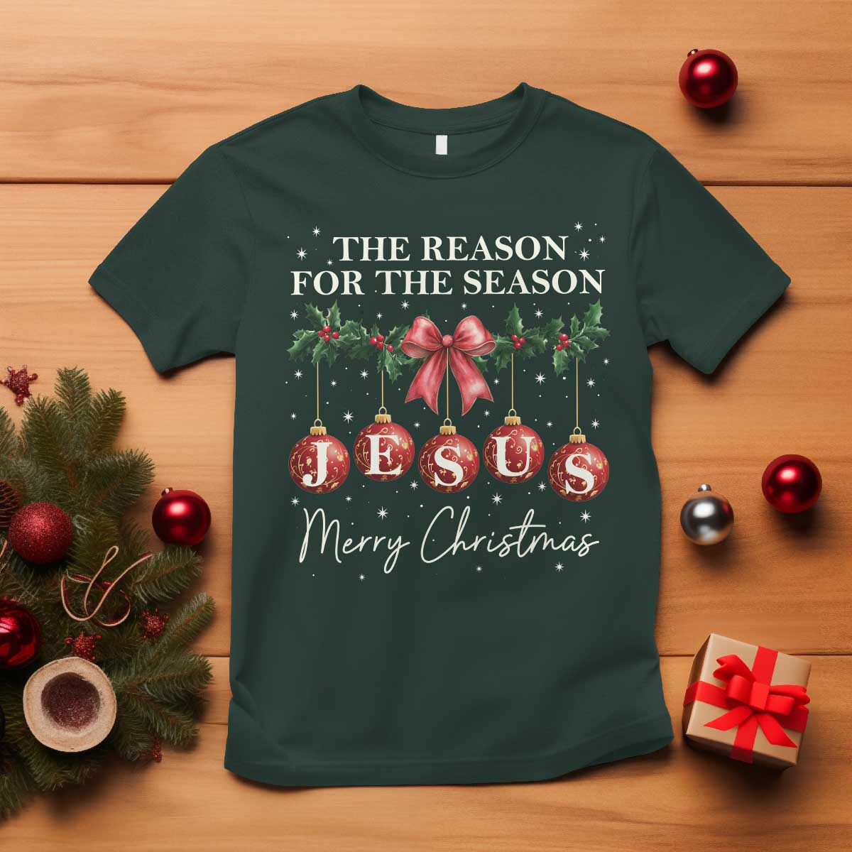 Christian Christmas T Shirt Merry Xmas Jesus The Reason Coquette Bow - Wonder Print Shop