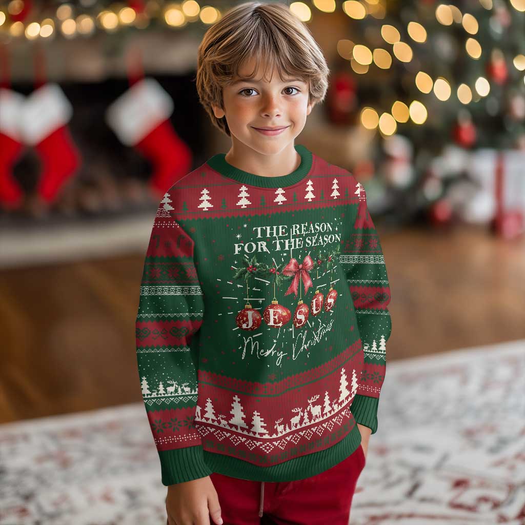 Christian Christmas Knitted Sweatshirt Merry Xmas Jesus The Reason Coquette Bow - Wonder Print Shop
