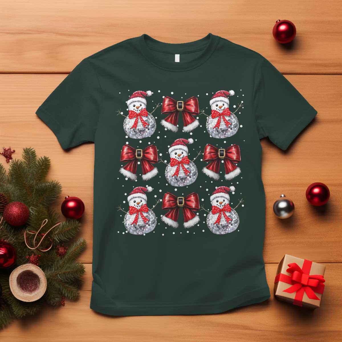 Christmas Coquette T Shirt Girly Xmas Disco Snowman Bow - Wonder Print Shop