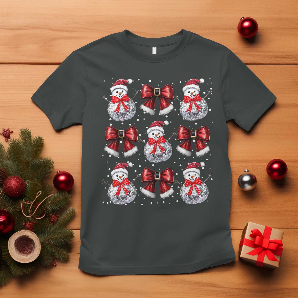 Christmas Coquette T Shirt Girly Xmas Disco Snowman Bow - Wonder Print Shop
