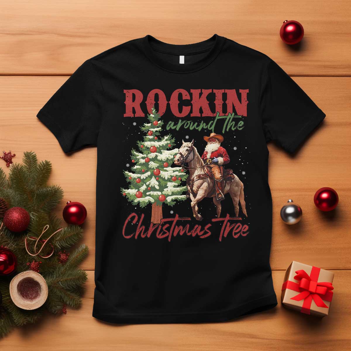 Western Christmas T Shirt Vintage 90s Cowboy Santa Claus Xmas Tree - Wonder Print Shop
