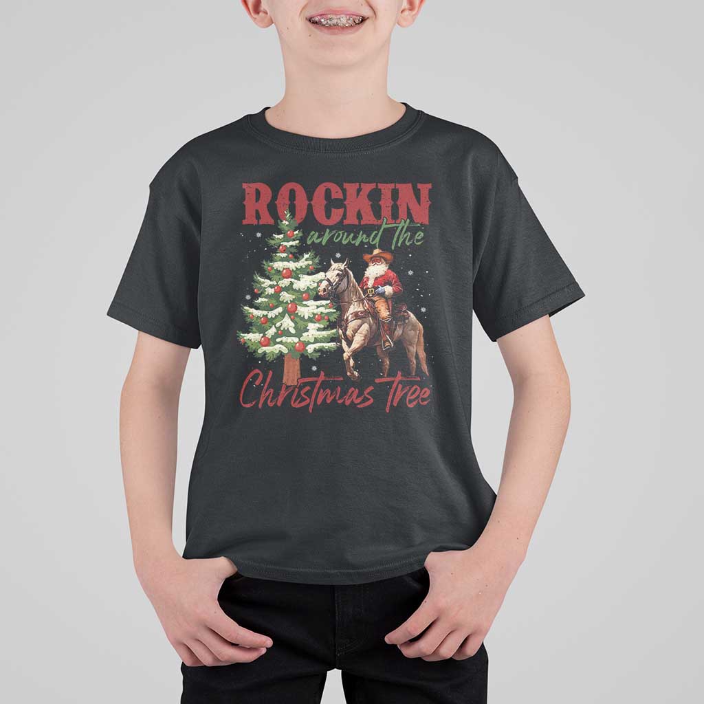 Western Christmas T Shirt For Kid Vintage 90s Cowboy Santa Claus Xmas Tree - Wonder Print Shop