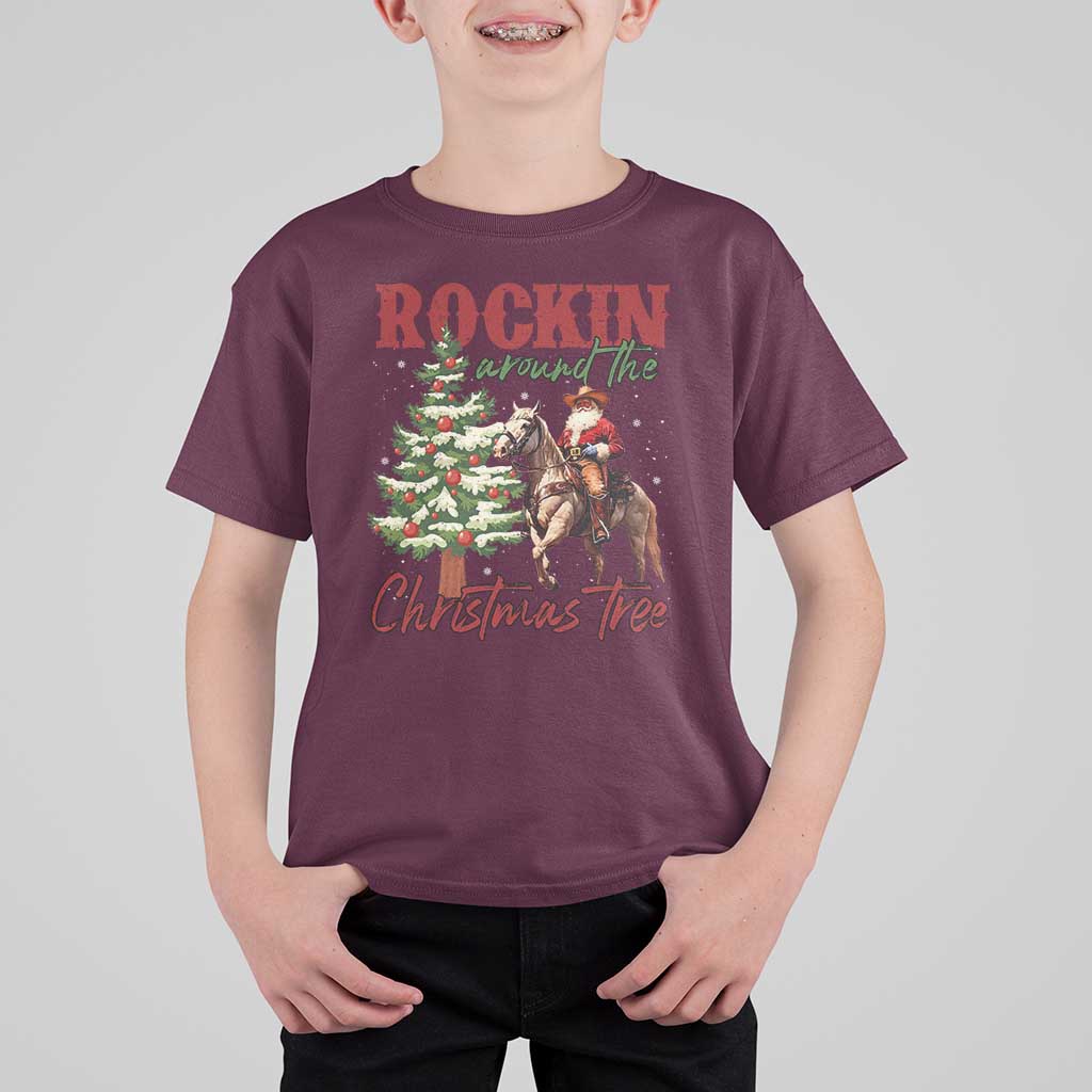 Western Christmas T Shirt For Kid Vintage 90s Cowboy Santa Claus Xmas Tree - Wonder Print Shop