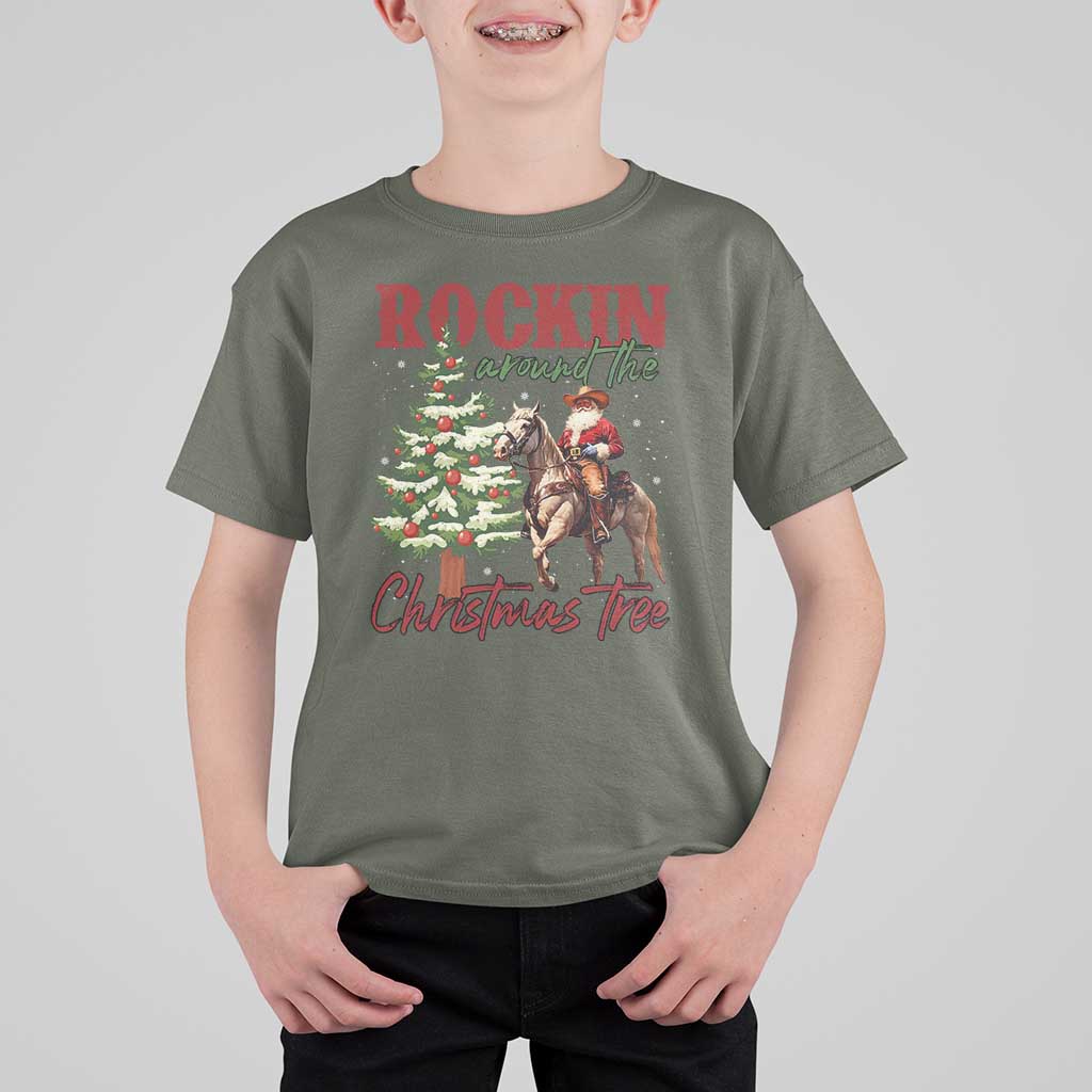 Western Christmas T Shirt For Kid Vintage 90s Cowboy Santa Claus Xmas Tree - Wonder Print Shop