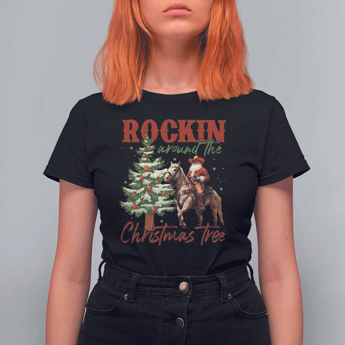 Western Christmas T Shirt For Women Vintage 90s Cowboy Santa Claus Xmas Tree - Wonder Print Shop