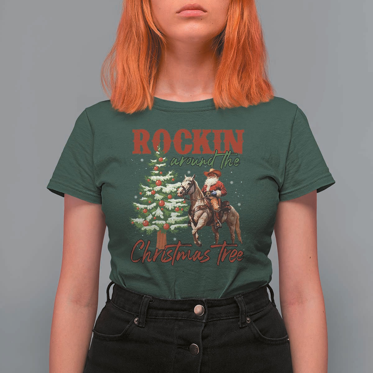Western Christmas T Shirt For Women Vintage 90s Cowboy Santa Claus Xmas Tree - Wonder Print Shop