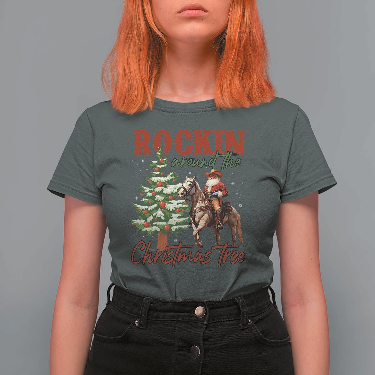 Western Christmas T Shirt For Women Vintage 90s Cowboy Santa Claus Xmas Tree - Wonder Print Shop