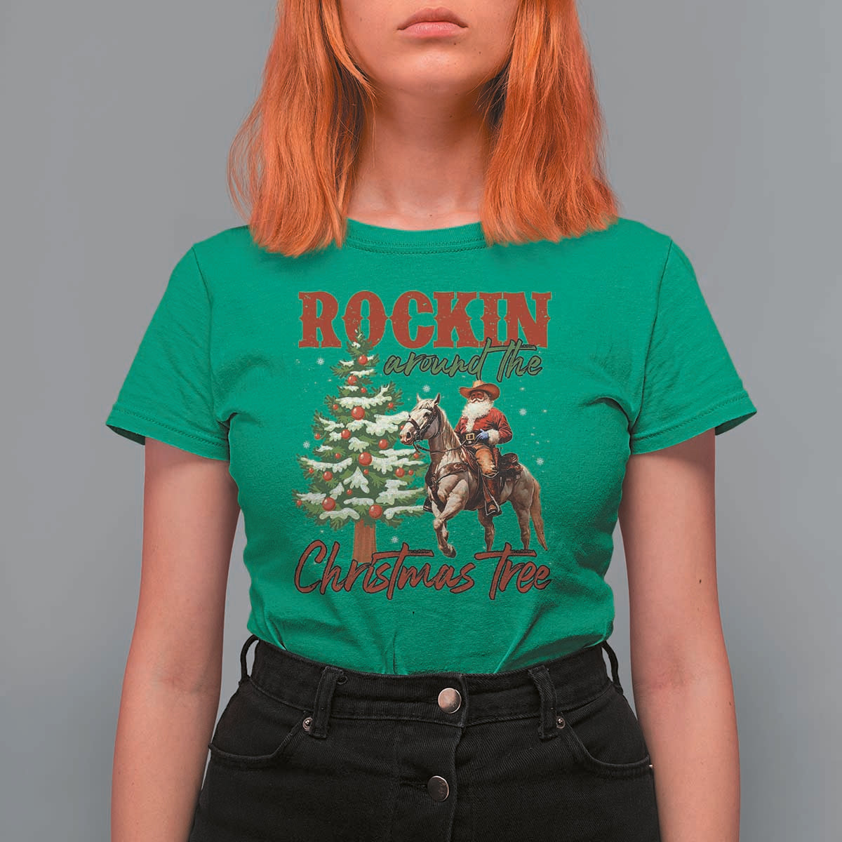 Western Christmas T Shirt For Women Vintage 90s Cowboy Santa Claus Xmas Tree - Wonder Print Shop