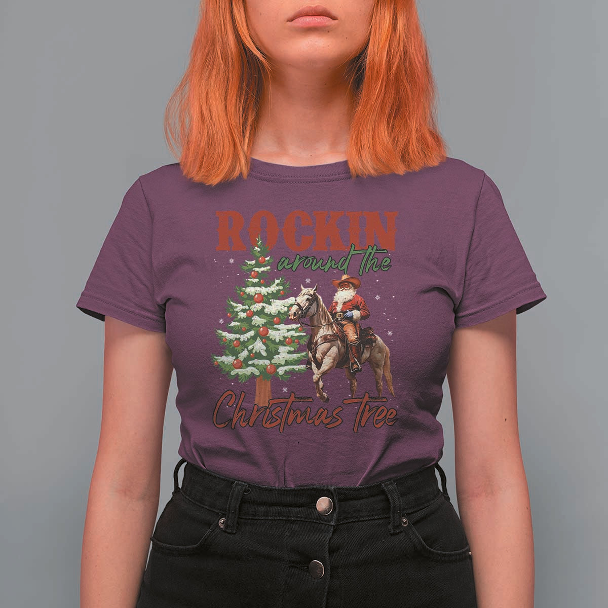 Western Christmas T Shirt For Women Vintage 90s Cowboy Santa Claus Xmas Tree - Wonder Print Shop