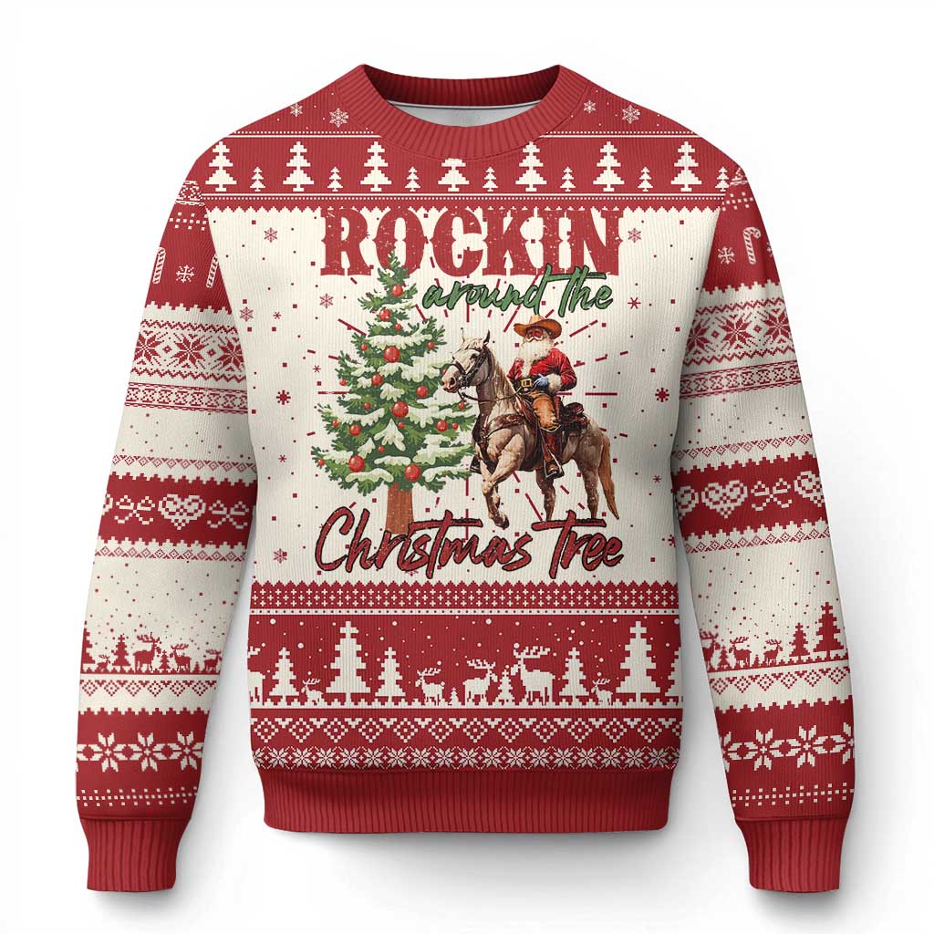 Western Ugly Christmas Sweater Vintage 90s Cowboy Santa Claus Xmas Tree - Wonder Print Shop