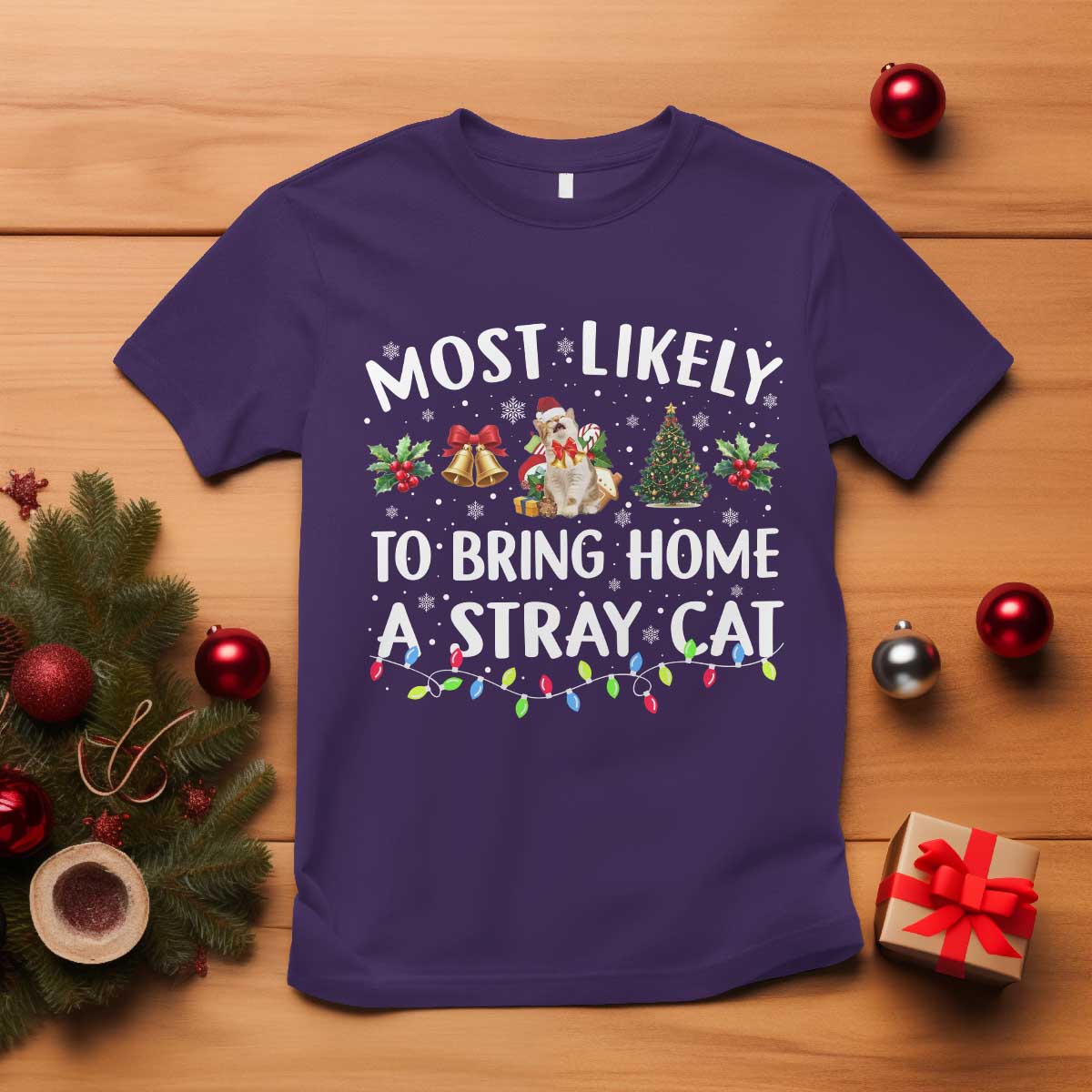 Christmas Cat T Shirt Most Likely To Bring Home A Stray Cat Matching Xmas - Wonder Print Shop