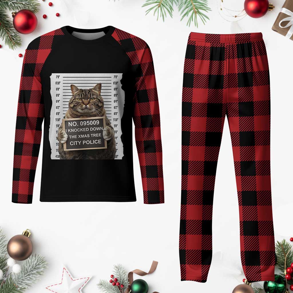Funny Cat Plaid Pajama Set Mugshot I Knocked Down The Xmas Tree - Wonder Print Shop