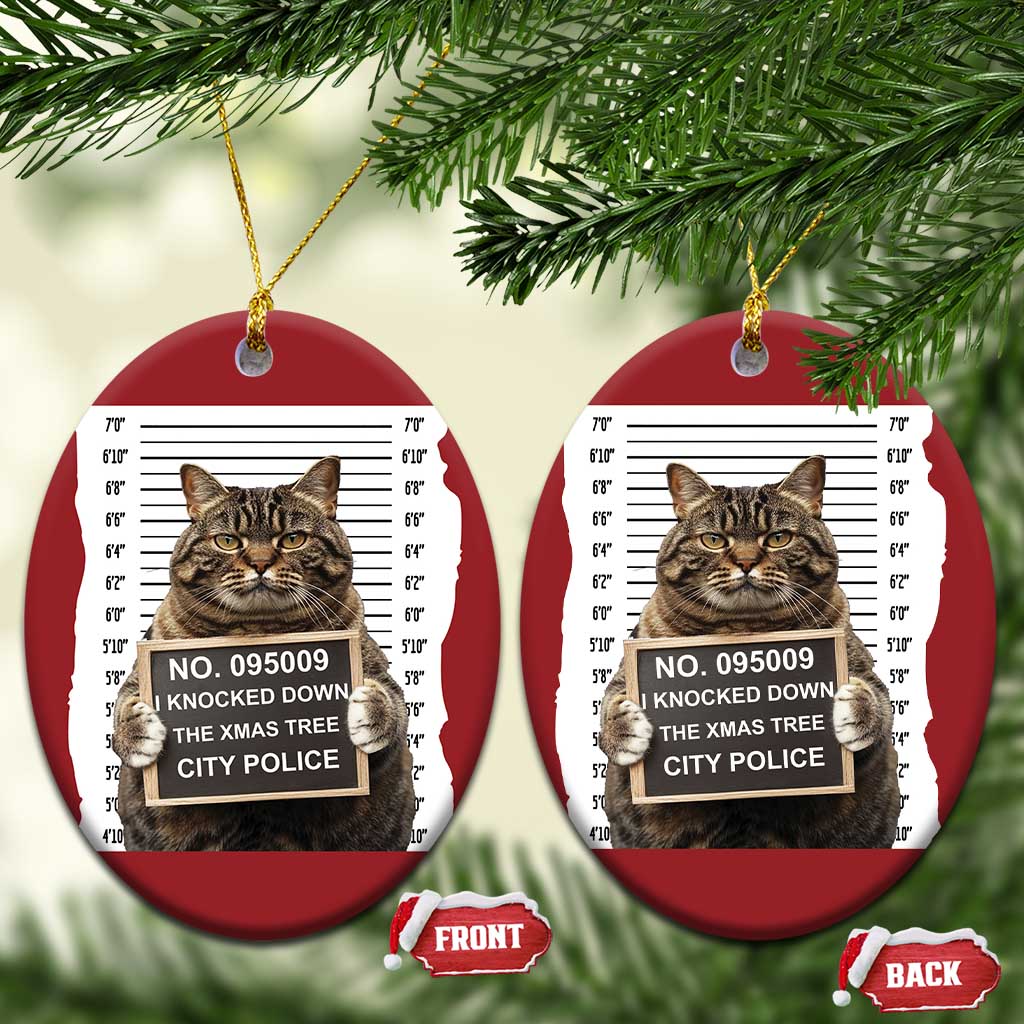 Funny Cat Xmas Christmas Ornament Mugshot I Knocked Down The Xmas Tree - Wonder Print Shop