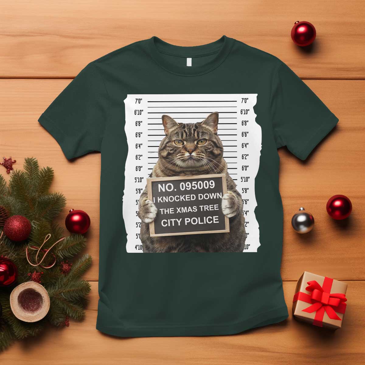 Funny Cat Christmas T Shirt Mugshot I Knocked Down The Xmas Tree - Wonder Print Shop