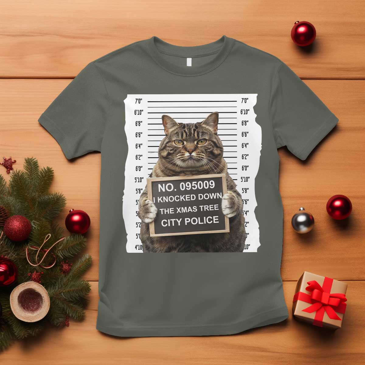 Funny Cat Christmas T Shirt Mugshot I Knocked Down The Xmas Tree - Wonder Print Shop