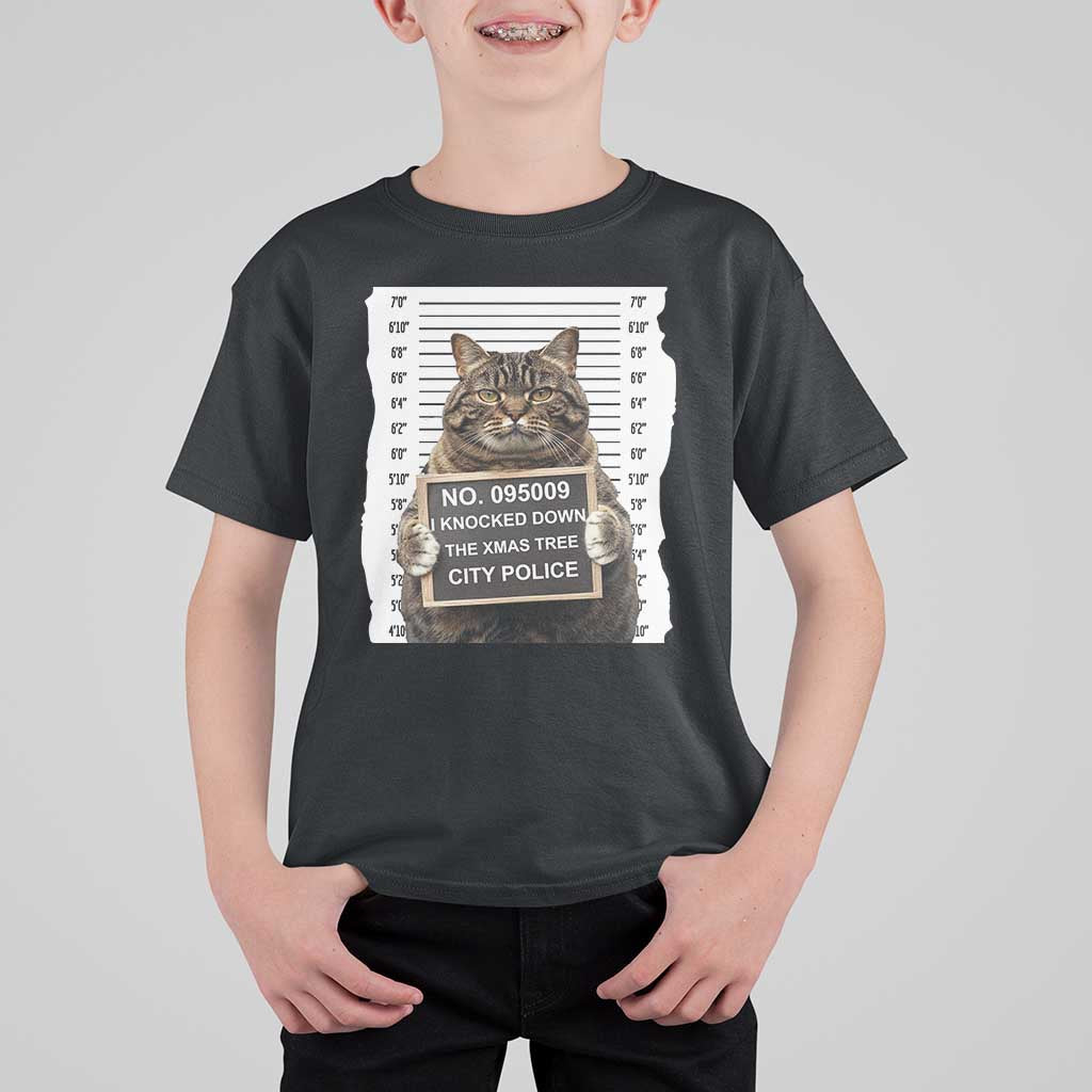 Funny Cat Christmas T Shirt For Kid Mugshot I Knocked Down The Xmas Tree - Wonder Print Shop