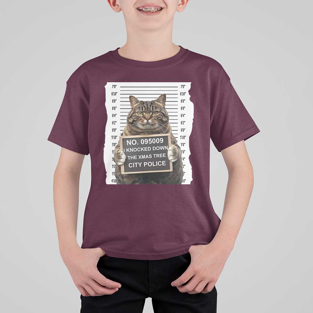 Funny Cat Christmas T Shirt For Kid Mugshot I Knocked Down The Xmas Tree - Wonder Print Shop