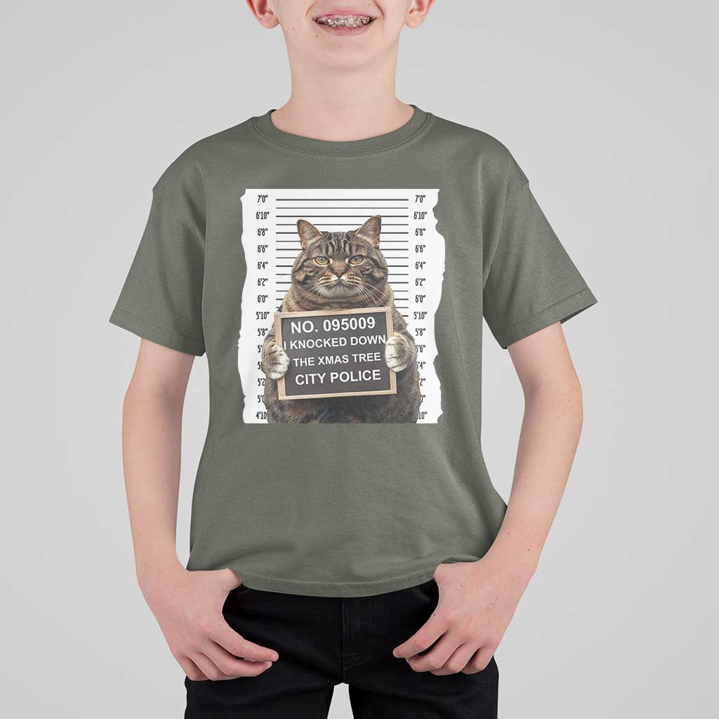Funny Cat Christmas T Shirt For Kid Mugshot I Knocked Down The Xmas Tree - Wonder Print Shop