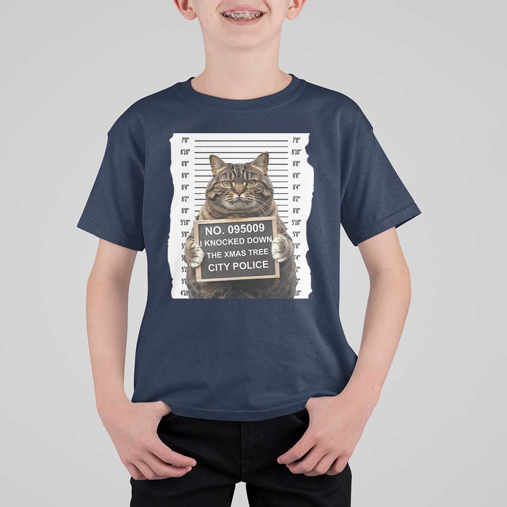 Funny Cat Christmas T Shirt For Kid Mugshot I Knocked Down The Xmas Tree - Wonder Print Shop