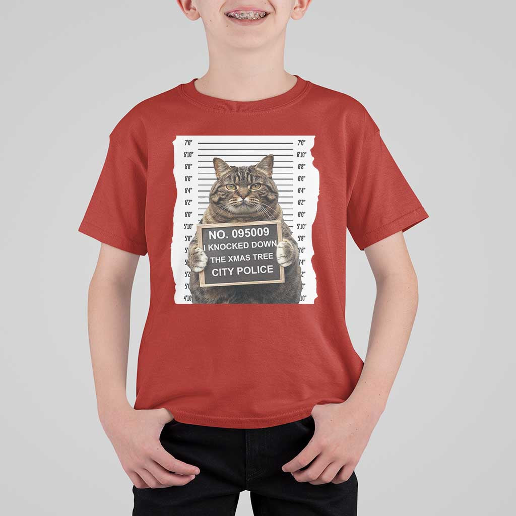 Funny Cat Christmas T Shirt For Kid Mugshot I Knocked Down The Xmas Tree - Wonder Print Shop