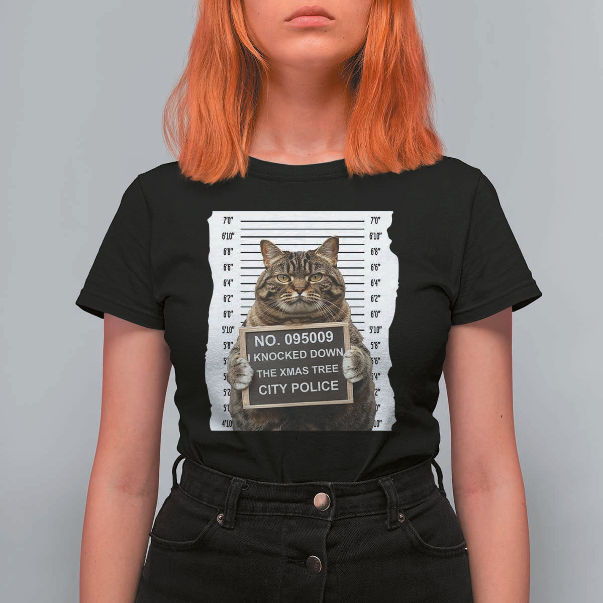 Funny Cat Christmas T Shirt For Women Mugshot I Knocked Down The Xmas Tree - Wonder Print Shop