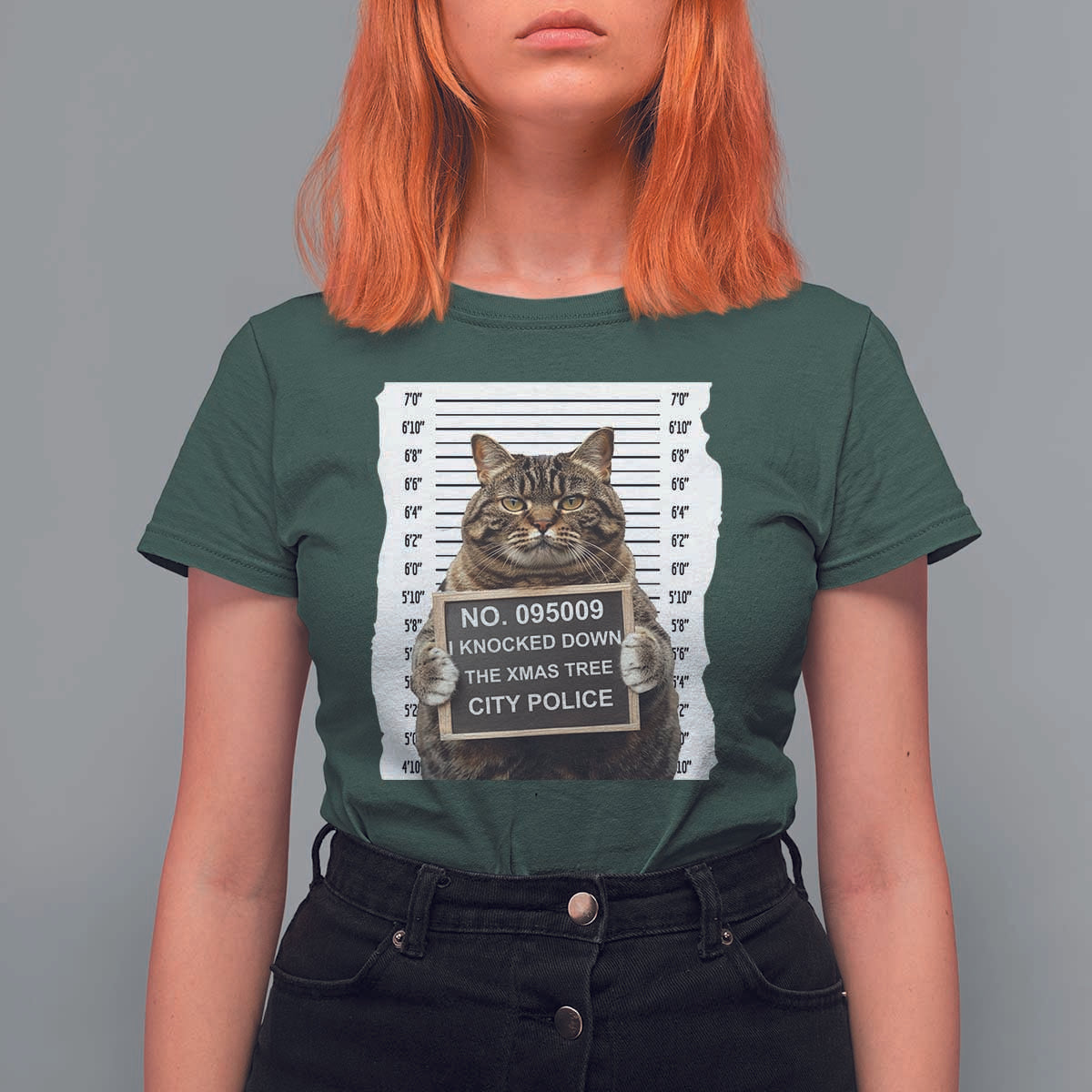 Funny Cat Christmas T Shirt For Women Mugshot I Knocked Down The Xmas Tree - Wonder Print Shop