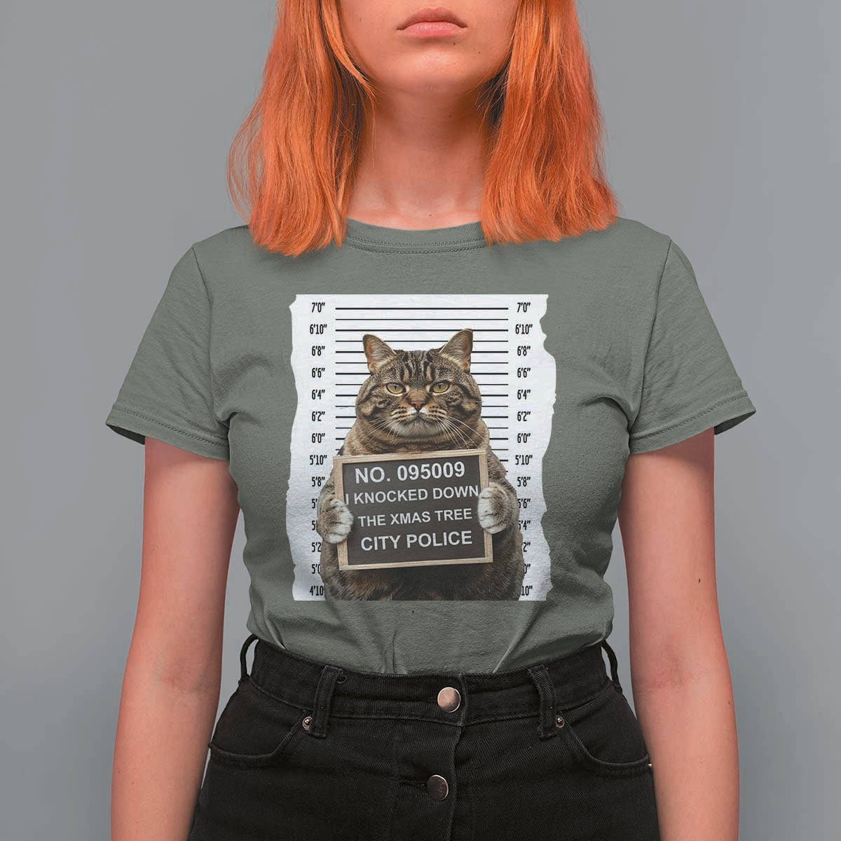 Funny Cat Christmas T Shirt For Women Mugshot I Knocked Down The Xmas Tree - Wonder Print Shop