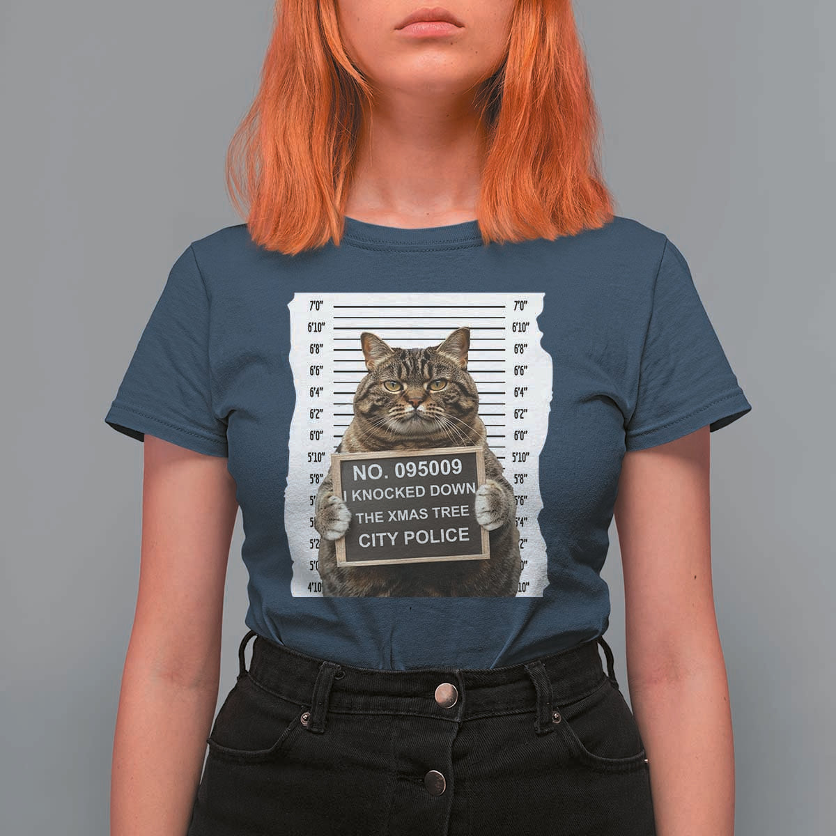Funny Cat Christmas T Shirt For Women Mugshot I Knocked Down The Xmas Tree - Wonder Print Shop