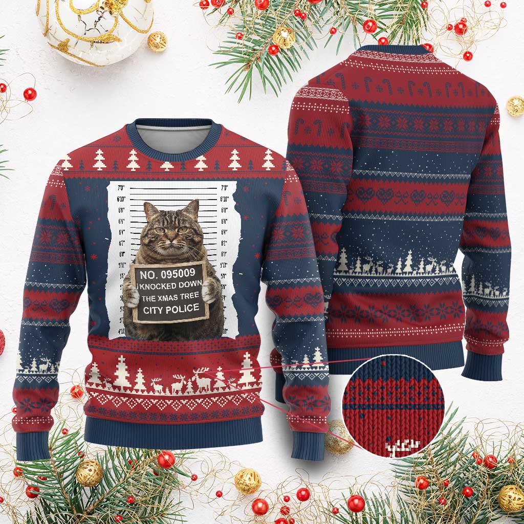 Funny Cat Ugly Christmas Sweater Mugshot I Knocked Down The Xmas Tree - Wonder Print Shop