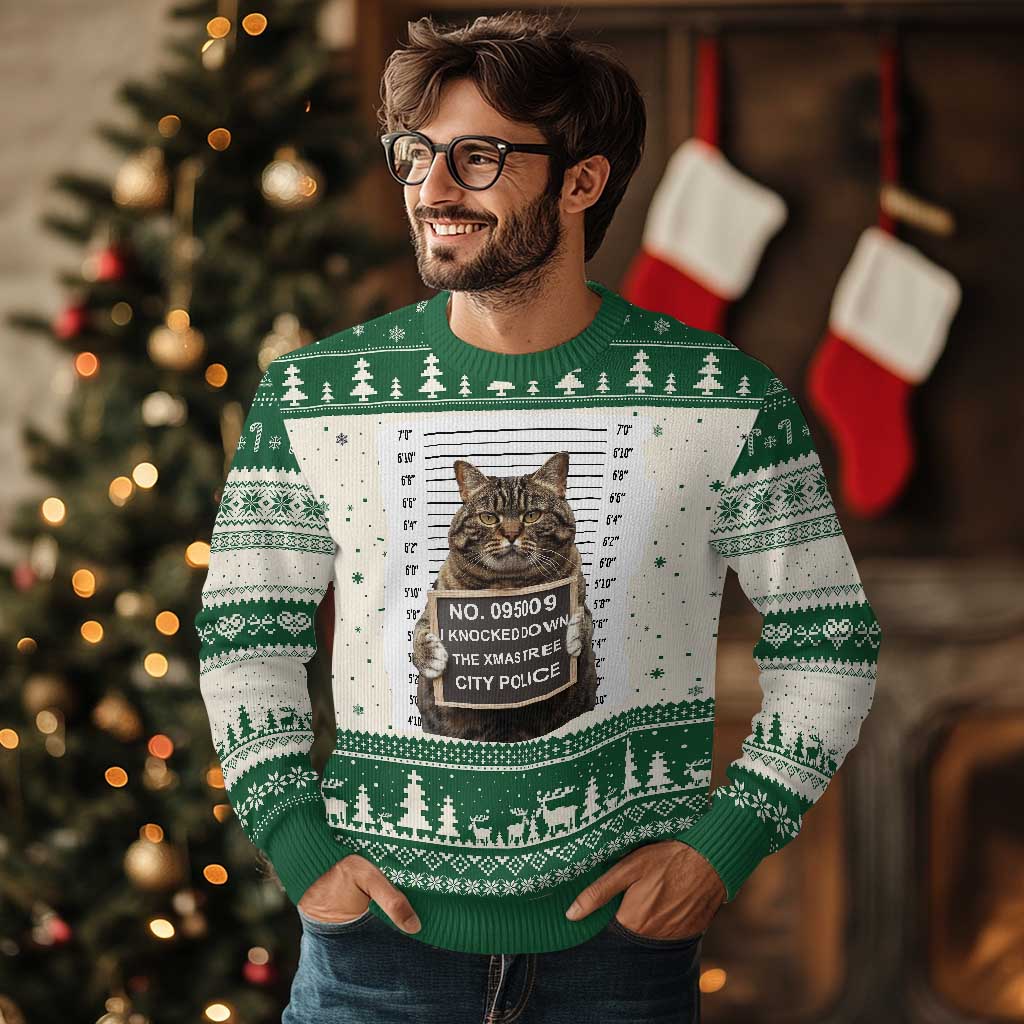 Funny Cat Ugly Christmas Sweater Mugshot I Knocked Down The Xmas Tree - Wonder Print Shop