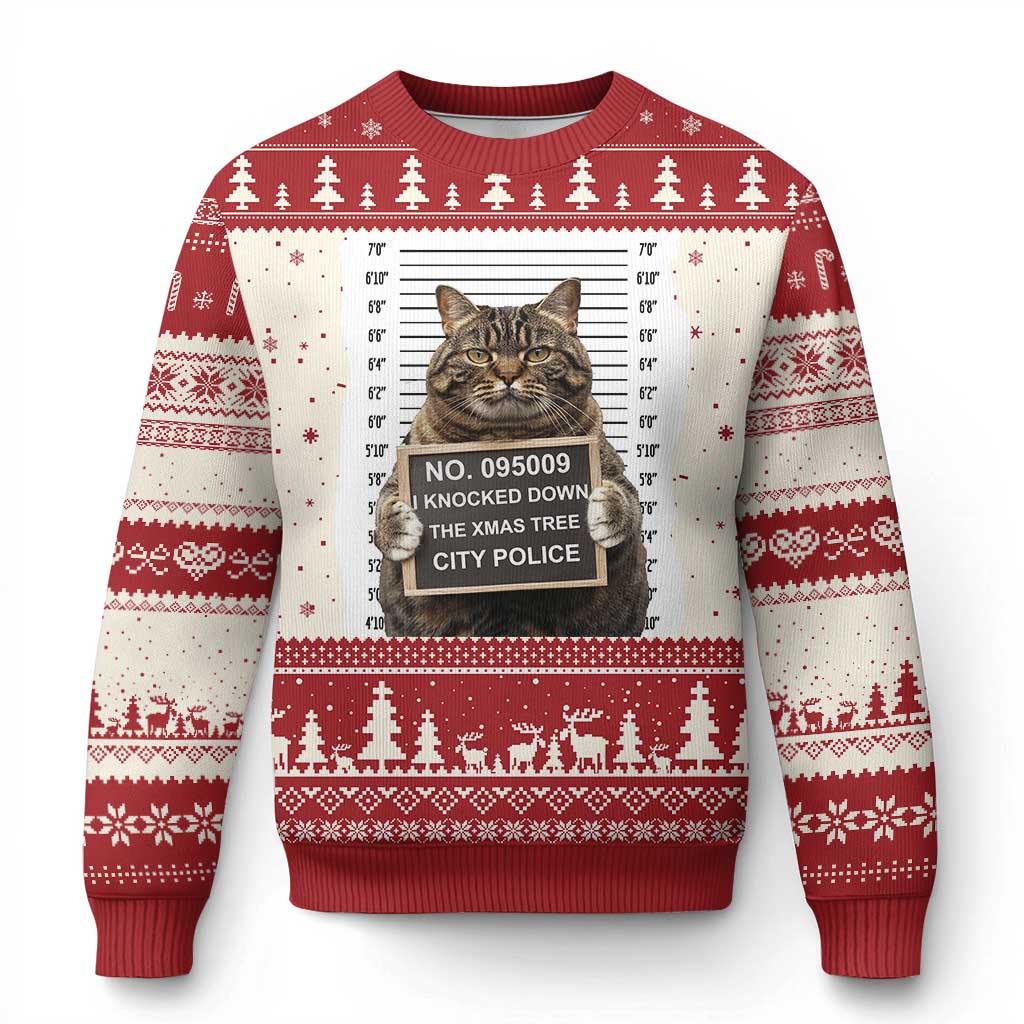 Funny Cat Ugly Christmas Sweater Mugshot I Knocked Down The Xmas Tree - Wonder Print Shop