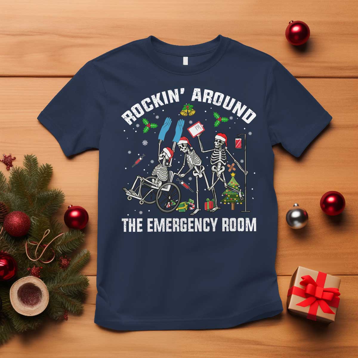 Christmas ER Nurse T Shirt Rockin Around Skeleton Emergency Room RN - Wonder Print Shop