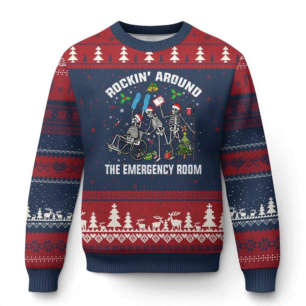 Xmas ER Nurse Ugly Christmas Sweater Rockin Around Skeleton Emergency Room RN - Wonder Print Shop