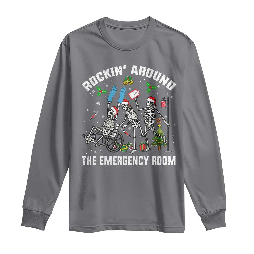 Christmas ER Nurse Long Sleeve Shirt Rockin Around Skeleton Emergency Room RN - Wonder Print Shop