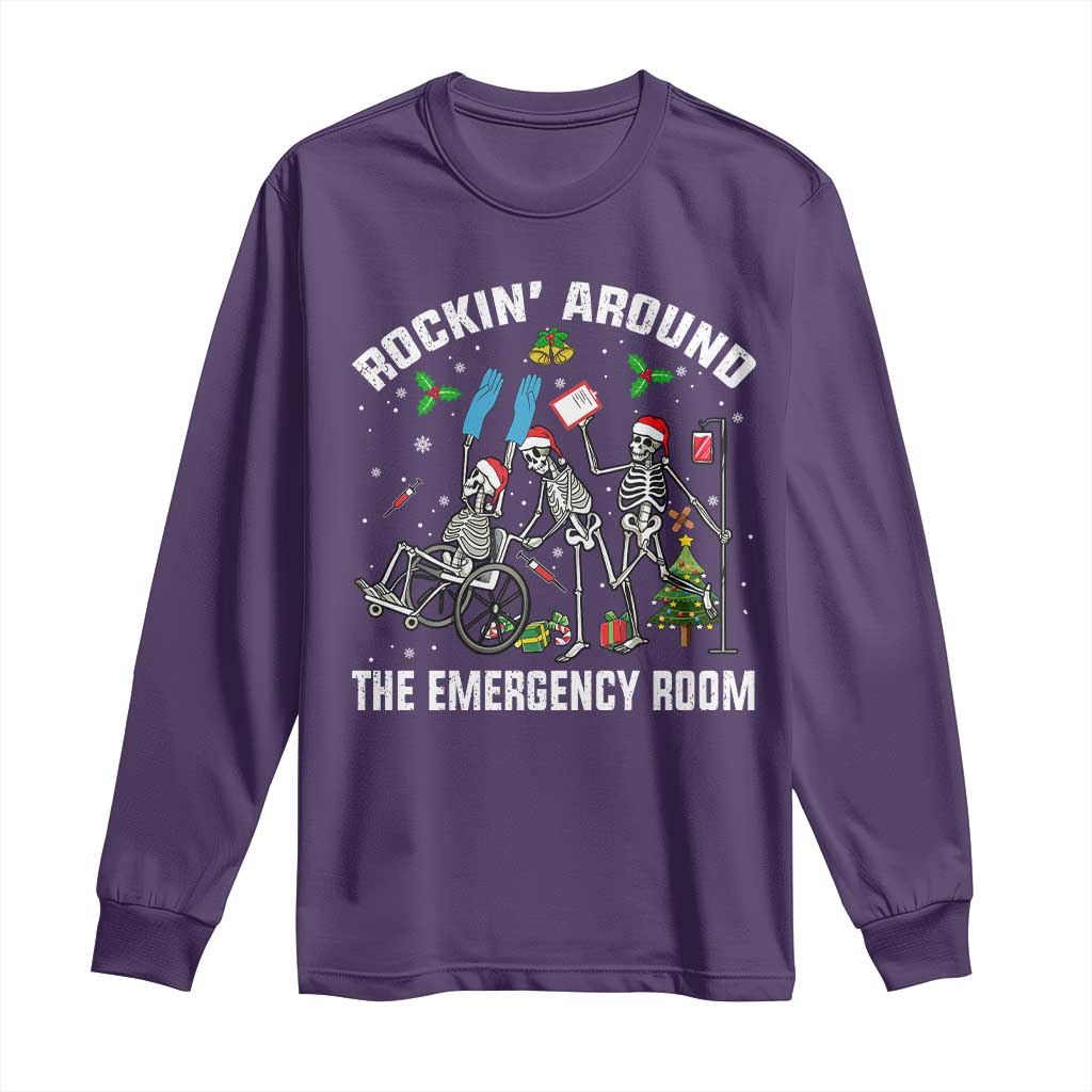 Christmas ER Nurse Long Sleeve Shirt Rockin Around Skeleton Emergency Room RN - Wonder Print Shop