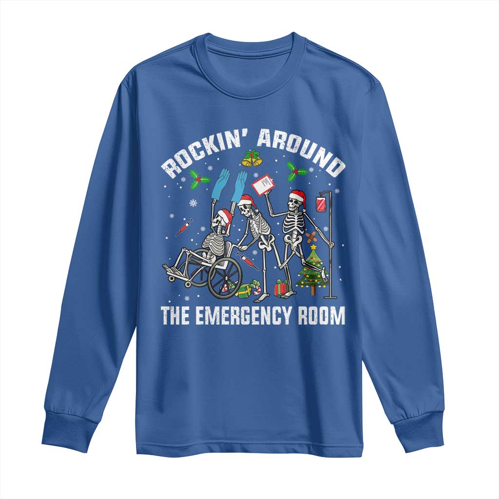 Christmas ER Nurse Long Sleeve Shirt Rockin Around Skeleton Emergency Room RN - Wonder Print Shop
