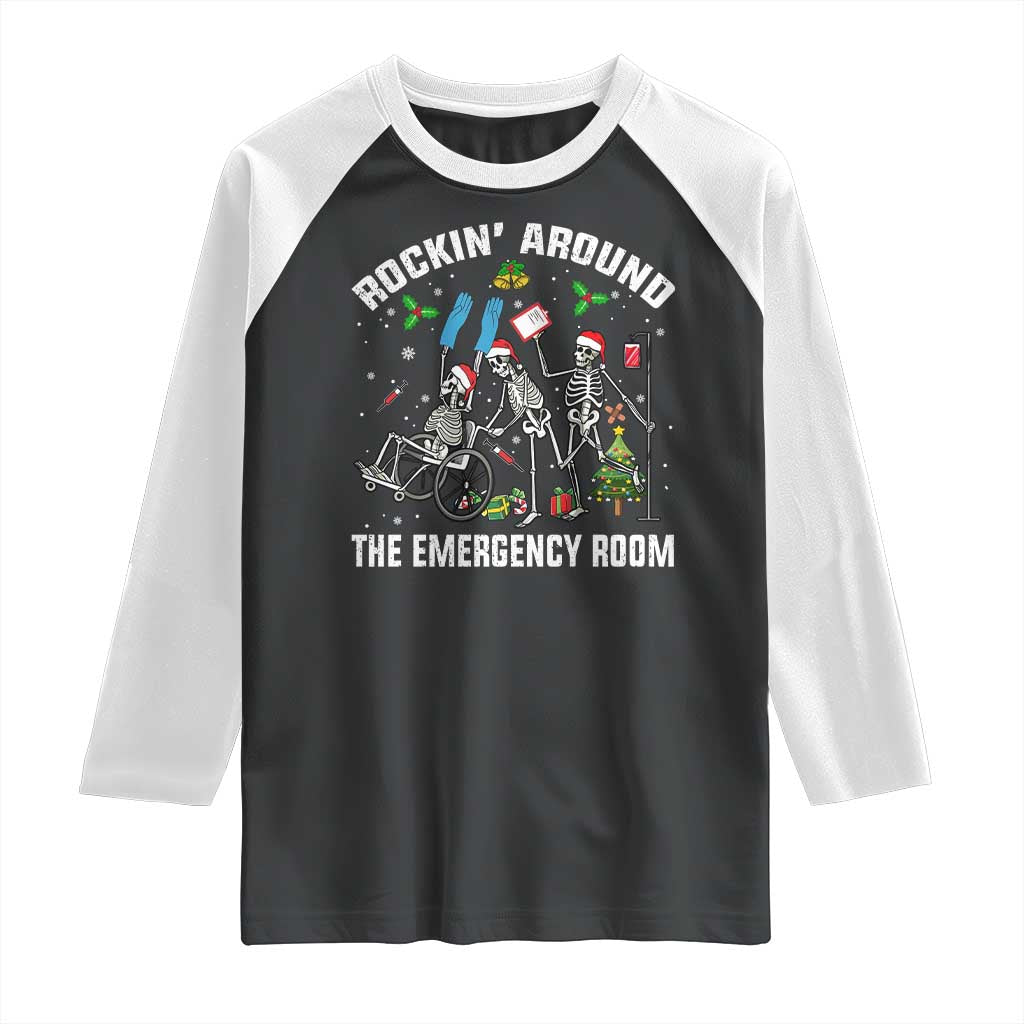 Christmas ER Nurse Raglan Shirt Rockin Around Skeleton Emergency Room RN - Wonder Print Shop