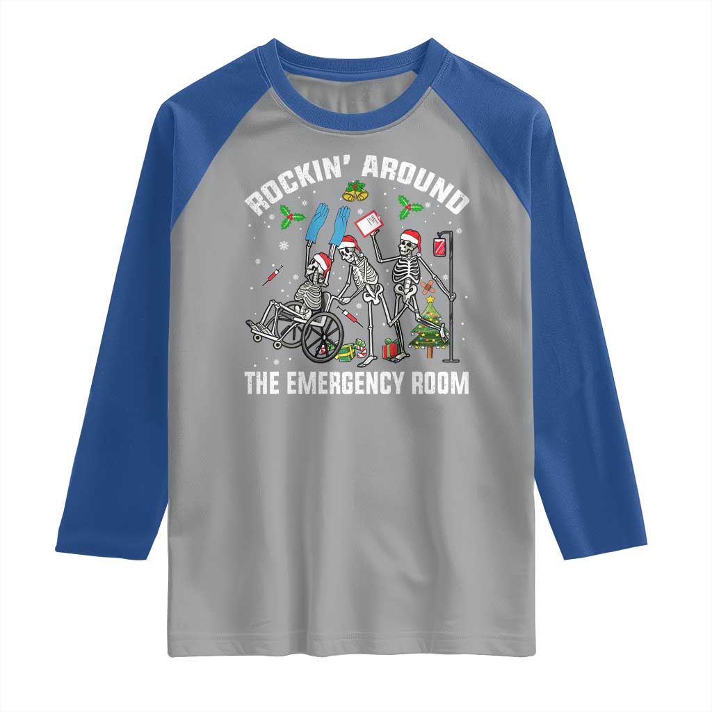 Christmas ER Nurse Raglan Shirt Rockin Around Skeleton Emergency Room RN - Wonder Print Shop