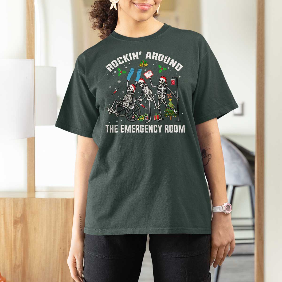 Christmas ER Nurse T Shirt For Women Rockin Around Skeleton Emergency Room RN - Wonder Print Shop