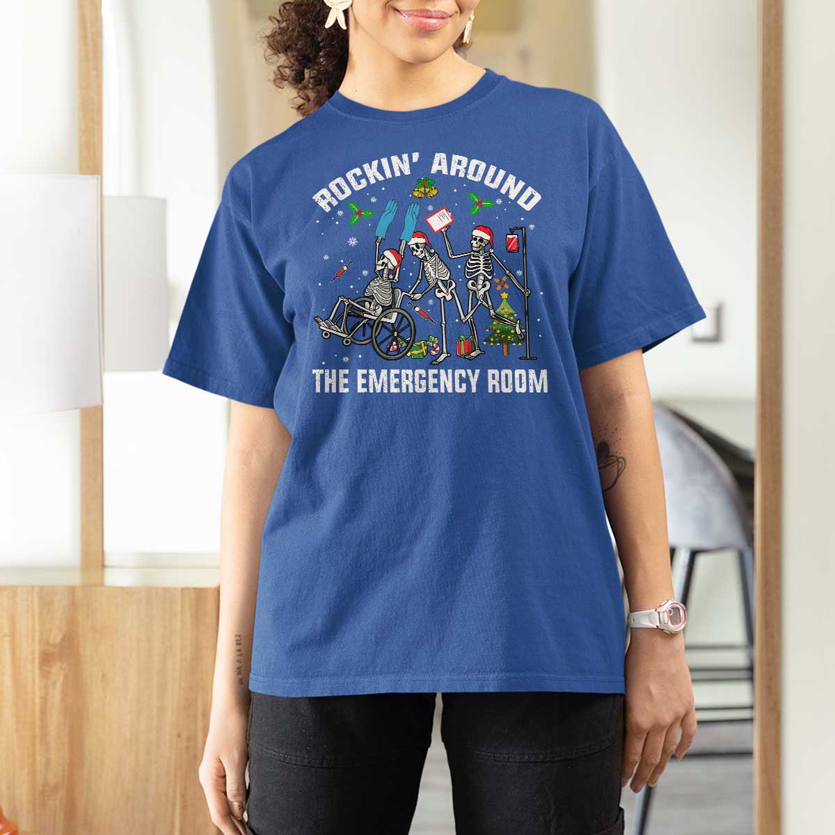 Christmas ER Nurse T Shirt For Women Rockin Around Skeleton Emergency Room RN - Wonder Print Shop