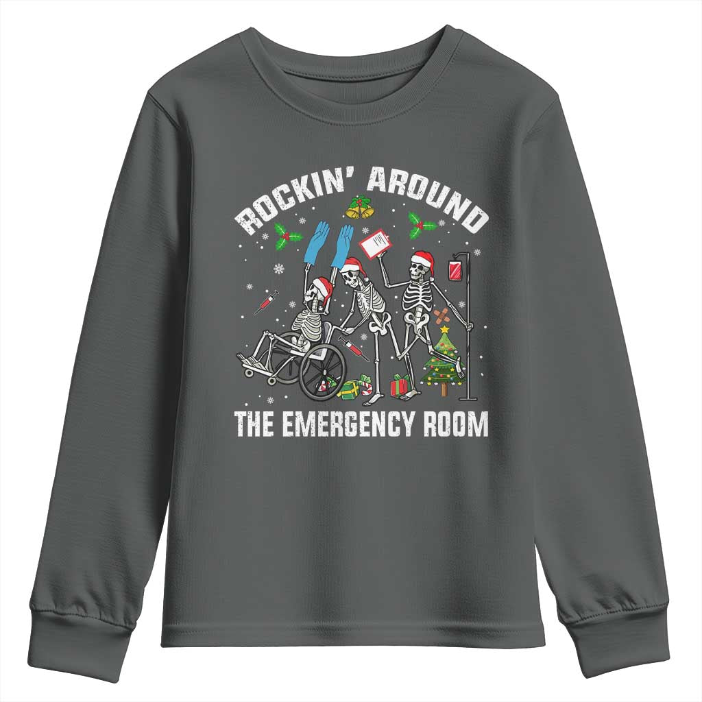 Christmas ER Nurse Youth Sweatshirt Rockin Around Skeleton Emergency Room RN - Wonder Print Shop