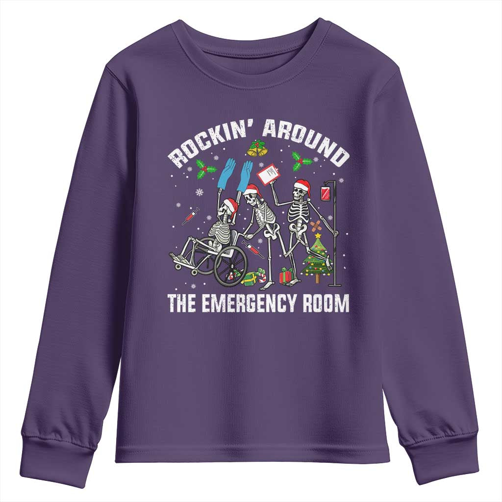 Christmas ER Nurse Youth Sweatshirt Rockin Around Skeleton Emergency Room RN - Wonder Print Shop