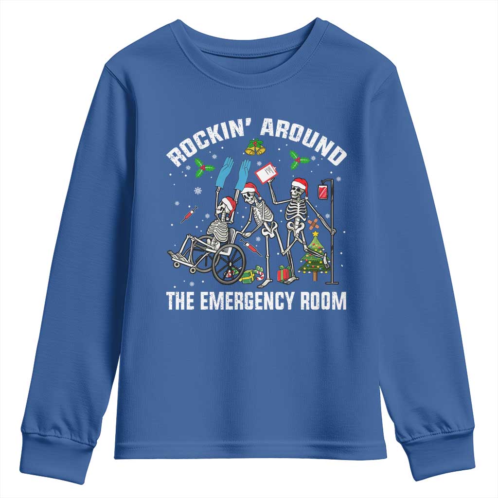 Christmas ER Nurse Youth Sweatshirt Rockin Around Skeleton Emergency Room RN - Wonder Print Shop