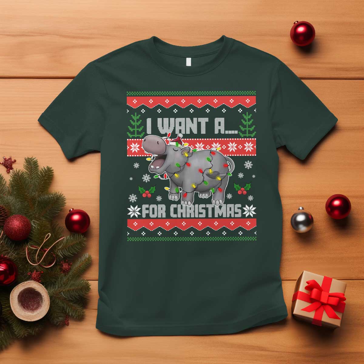 Funny Christmas T Shirt I Want A Hippopotamus For Xmas Moo Deng Ugly Gift - Wonder Print Shop