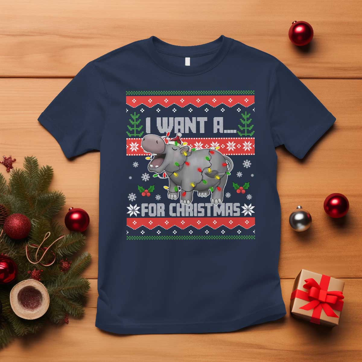Funny Christmas T Shirt I Want A Hippopotamus For Xmas Moo Deng Ugly Gift - Wonder Print Shop