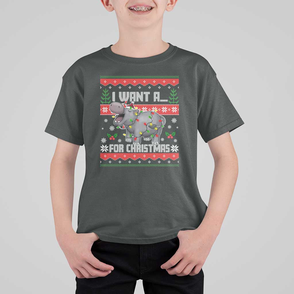 Funny Christmas T Shirt For Kid I Want A Hippopotamus For Xmas Moo Deng Ugly Gift - Wonder Print Shop